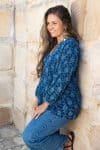 Womens, Kora blouse, full sleeve, 100% cotton, hand block print. In natural Indigo Lila print.