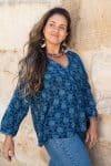Womens, Kora blouse, full sleeve, 100% cotton, hand block print. In natural Indigo Lila print.