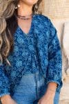 Womens, Kora blouse, full sleeve, 100% cotton, hand block print. In natural Indigo Lila print.