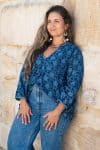 Womens, Kora blouse, full sleeve, 100% cotton, hand block print. In natural Indigo Lila print.