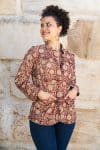 Womens, Tilbra Jacket, long sleeve, 100% cotton corduroy, hand block print. In natural Rustic Red Jivana print.