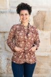 Womens, Tilbra Jacket, long sleeve, 100% cotton corduroy, hand block print. In natural Rustic Red Jivana print.