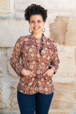 Womens, Tilbra Jacket, long sleeve, 100% cotton corduroy, hand block print. In natural Rustic Red Jivana print.