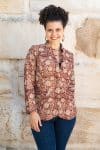 Womens, Tilbra Jacket, long sleeve, 100% cotton corduroy, hand block print. In natural Rustic Red Jivana print.