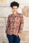 Womens, Tilbra Jacket, long sleeve, 100% cotton corduroy, hand block print. In natural Rustic Red Jivana print.
