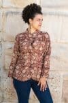 Womens, Tilbra Jacket, long sleeve, 100% cotton corduroy, hand block print. In natural Rustic Red Jivana print.