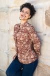 Womens, Tilbra Jacket, long sleeve, 100% cotton corduroy, hand block print. In natural Rustic Red Jivana print.