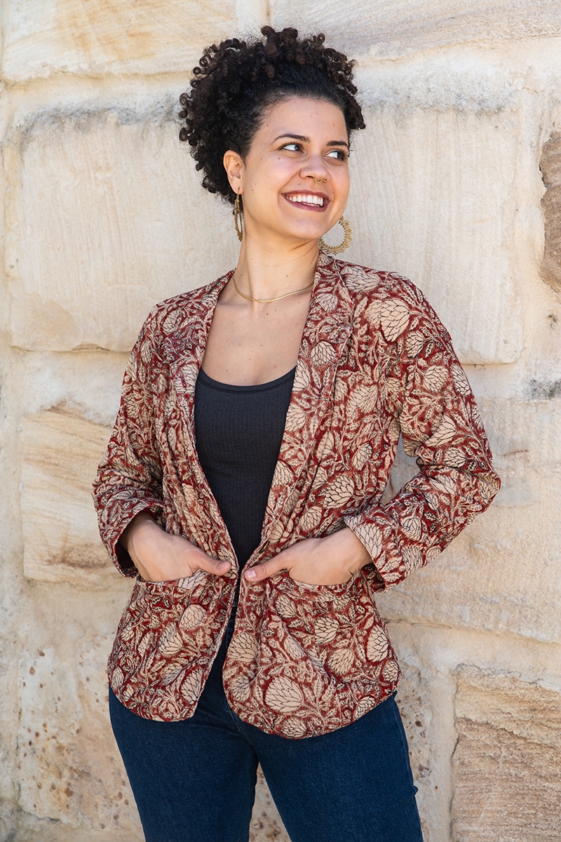 Womens, Tilbra Jacket, long sleeve, 100% cotton corduroy, hand block print. In natural Rustic Red Jivana print.