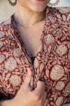 Womens, Tilbra Jacket, long sleeve, 100% cotton corduroy, hand block print. In natural Rustic Red Jivana print.