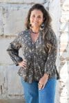 Womens, Kora blouse, full sleeve, 100% cotton, hand block print. In natural Kassis Raga print.