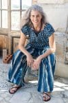Womens, Sundra blouse, cap sleeves, & Apanna Pants, 100% cotton, hand block print. In Indigo Zari & Indigo Paint