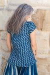 Womens, Sundra blouse, cap sleeves, 100% cotton, hand block print. In Indigo Zari