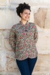 Womens, Tilbra Jacket, long sleeve, 100% cotton corduroy, hand block print. In green & pink, Birds of Paradise print