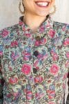 Womens, Tilbra Jacket, long sleeve, 100% cotton corduroy, hand block print. In green & pink, Birds of Paradise print