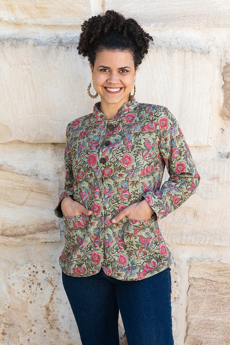 Womens, Tilbra Jacket, long sleeve, 100% cotton corduroy, hand block print. In green & pink, Birds of Paradise print