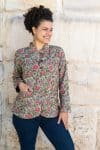 Womens, Tilbra Jacket, long sleeve, 100% cotton corduroy, hand block print. In green & pink, Birds of Paradise print