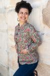 Womens, Tilbra Jacket, long sleeve, 100% cotton corduroy, hand block print. In green & pink, Birds of Paradise print