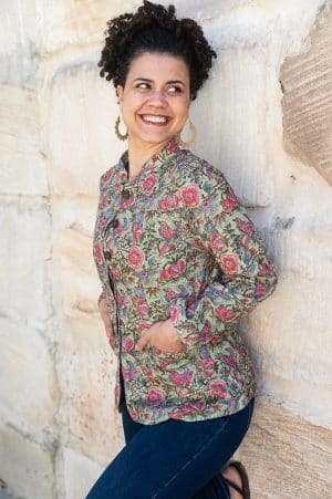 Womens, Tilbra Jacket, long sleeve, 100% cotton corduroy, hand block print. In green & pink, Birds of Paradise print