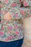 Womens, Tilbra Jacket, long sleeve, 100% cotton corduroy, hand block print. In green & pink, Birds of Paradise print