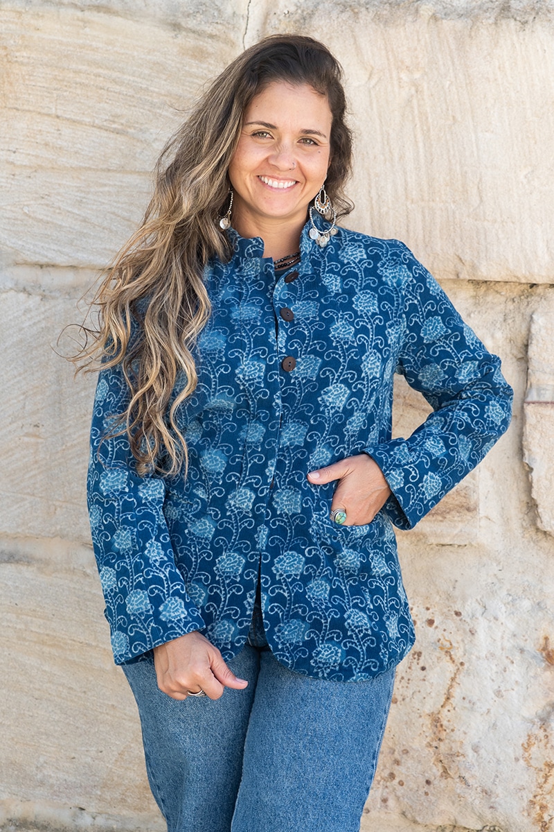 Womens, Tilbra Jacket, long sleeve, 100% cotton corduroy, hand block print. In natural Indigo Lila