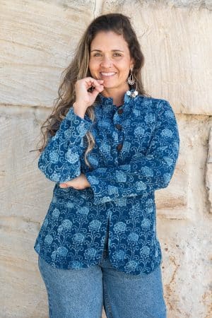 Womens, Tilbra Jacket, long sleeve, 100% cotton corduroy, hand block print. In natural Indigo Lila