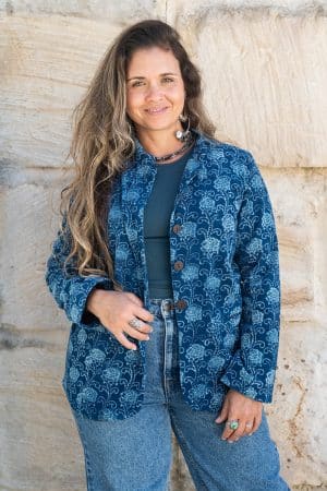 Womens, Tilbra Jacket, long sleeve, 100% cotton corduroy, hand block print. In natural Indigo Lila