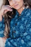 Womens, Tilbra Jacket, long sleeve, 100% cotton corduroy, hand block print. In natural Indigo Lila