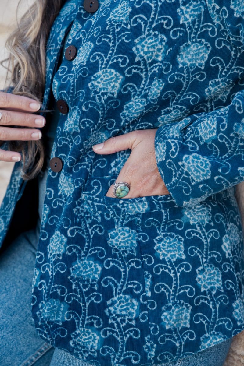 Womens, Tilbra Jacket, long sleeve, 100% cotton corduroy, hand block print. In natural Indigo Lila
