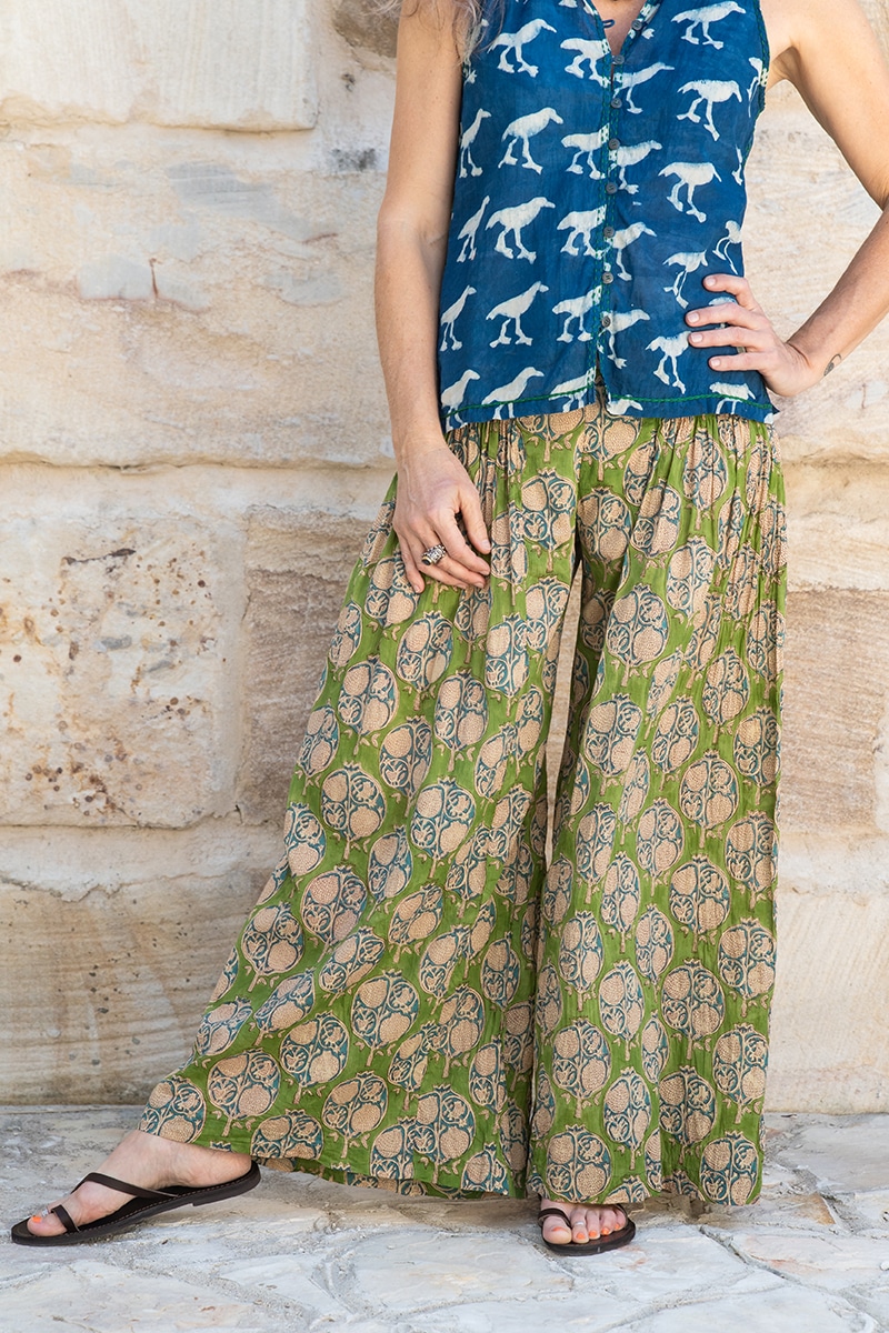 Womens, Apanna Pants, 100% cotton, hand block print. In vibrant green - Edentree print