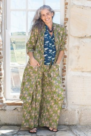 Womens, Shimla Coat, 7/8 sleeve, 100% cotton, hand block print. In vibrant green Edentree