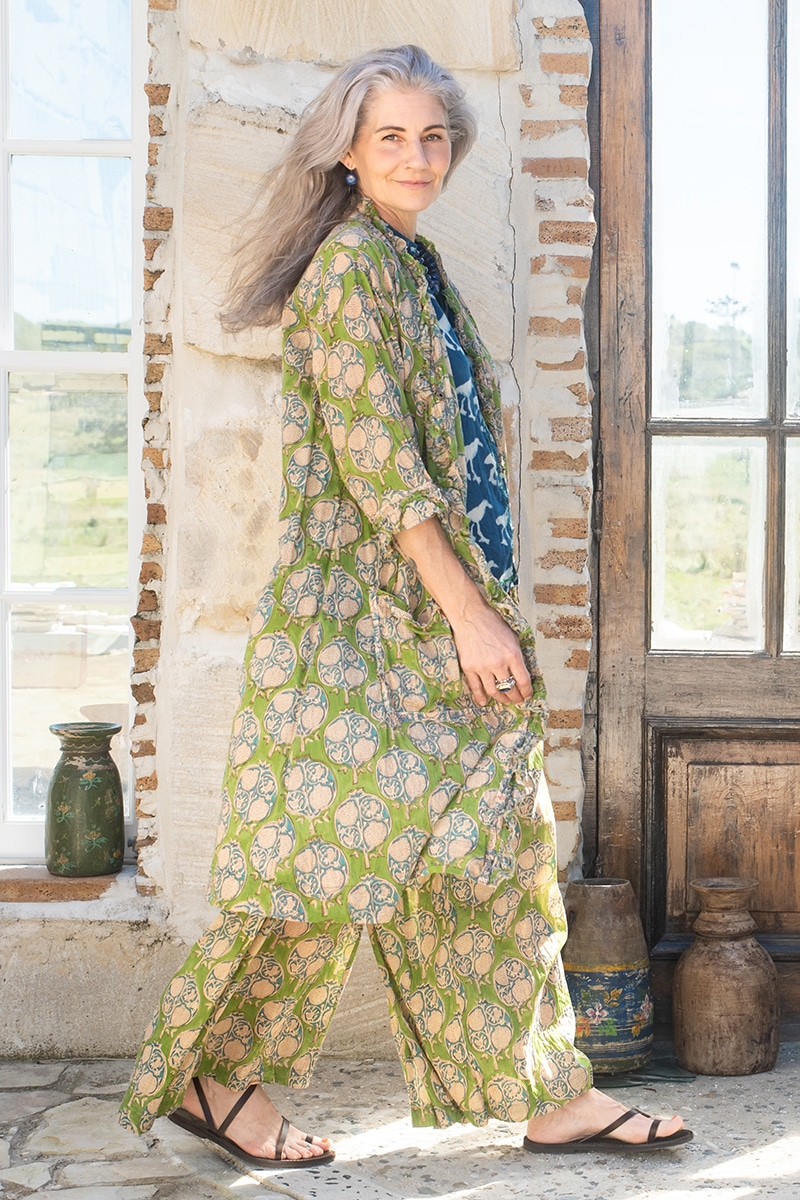 Womens, Shimla Coat, 7/8 sleeve, 100% cotton, hand block print. In vibrant green Edentree