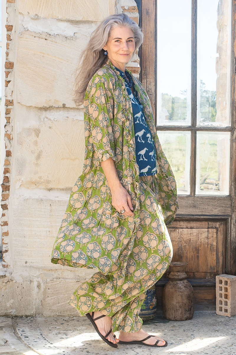 Womens, Shimla Coat, 7/8 sleeve, 100% cotton, hand block print. In vibrant green Edentree