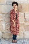 Womens, Shimla Coat, 7/8 sleeve, 100% cotton, hand block print. In rustic red - Kalika print