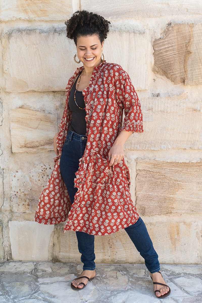 Womens, Shimla Coat, 7/8 sleeve, 100% cotton, hand block print. In rustic red - Kalika print
