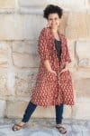 Womens, Shimla Coat, 7/8 sleeve, 100% cotton, hand block print. In rustic red - Kalika print
