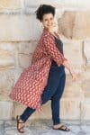 Womens, Shimla Coat, 7/8 sleeve, 100% cotton, hand block print. In rustic red - Kalika print
