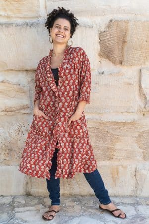 Womens, Shimla Coat, 7/8 sleeve, 100% cotton, hand block print. In rustic red - Kalika print