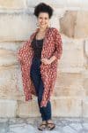 Womens, Shimla Coat, 7/8 sleeve, 100% cotton, hand block print. In rustic red - Kalika print