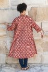 Womens, Shimla Coat, 7/8 sleeve, 100% cotton, hand block print. In rustic red - Kalika print