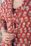 Womens, Shimla Coat, 7/8 sleeve, 100% cotton, hand block print. In rustic red - Kalika print