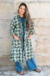 Womens, Shimla Coat, 7/8 sleeve, 100% cotton, hand block print. In natural green and blue - Naspal Figaris print