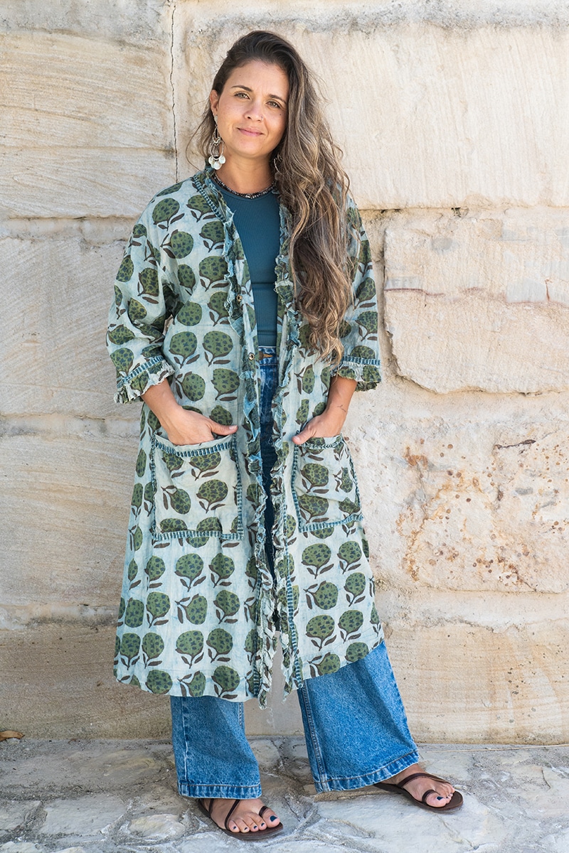 Womens, Shimla Coat, 7/8 sleeve, 100% cotton, hand block print. In natural green and blue - Naspal Figaris print