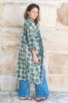 Womens, Shimla Coat, 7/8 sleeve, 100% cotton, hand block print. In natural green and blue - Naspal Figaris print