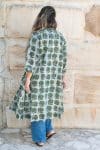 Womens, Shimla Coat, 7/8 sleeve, 100% cotton, hand block print. In natural green and blue - Naspal Figaris print