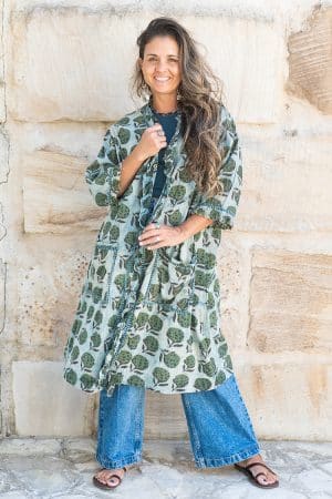 Womens, Shimla Coat, 7/8 sleeve, 100% cotton, hand block print. In natural green and blue - Naspal Figaris print