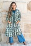 Womens, Shimla Coat, 7/8 sleeve, 100% cotton, hand block print. In natural green and blue - Naspal Figaris print