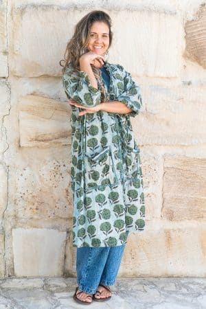 Womens, Shimla Coat, 7/8 sleeve, 100% cotton, hand block print. In natural green and blue - Naspal Figaris print