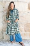 Womens, Shimla Coat, 7/8 sleeve, 100% cotton, hand block print. In natural green and blue - Naspal Figaris print