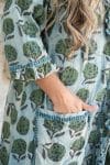 Womens, Shimla Coat, 7/8 sleeve, 100% cotton, hand block print. In natural green and blue - Naspal Figaris print