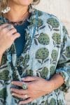 Womens, Shimla Coat, 7/8 sleeve, 100% cotton, hand block print. In natural green and blue - Naspal Figaris print